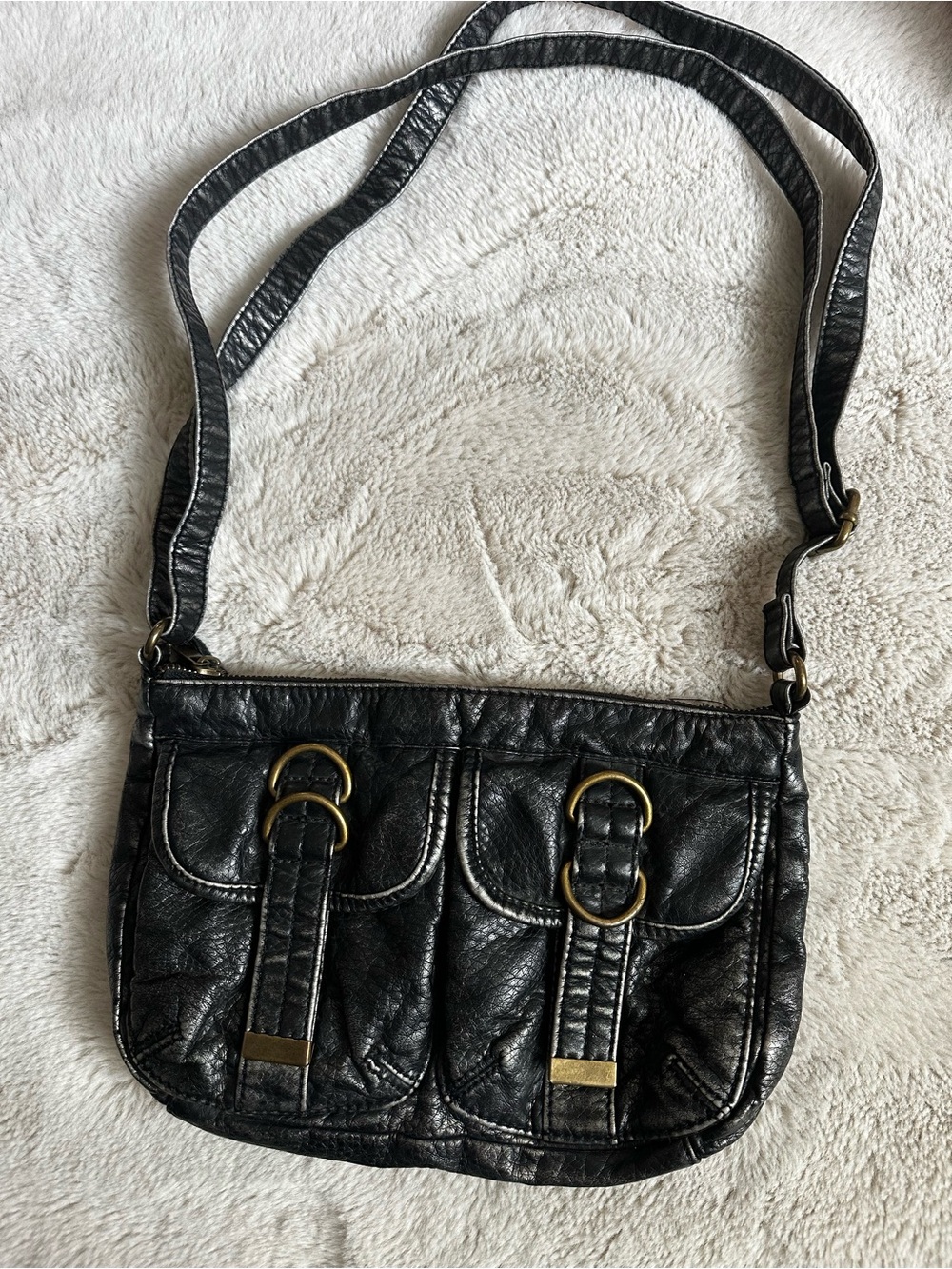 Arizona Jean Company Black Faux Leather Crossbody with Gold-Tone Buckles